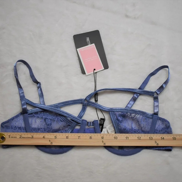 NWT PrettyLittleThing Sz M Purple Lace Asymmetric Strapping Detail Underwire Bra - Picture 10 of 10